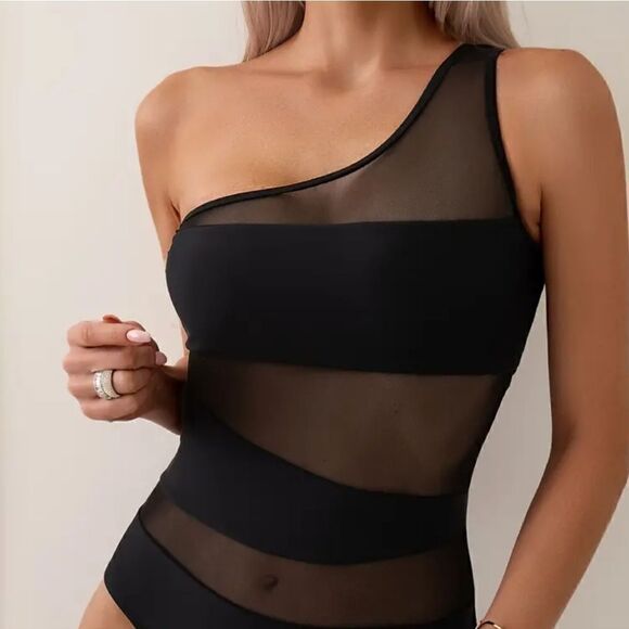 Elegant Black One Shoulder Swimsuit with Contrast Mesh High Elasticity - Picture 12 of 16